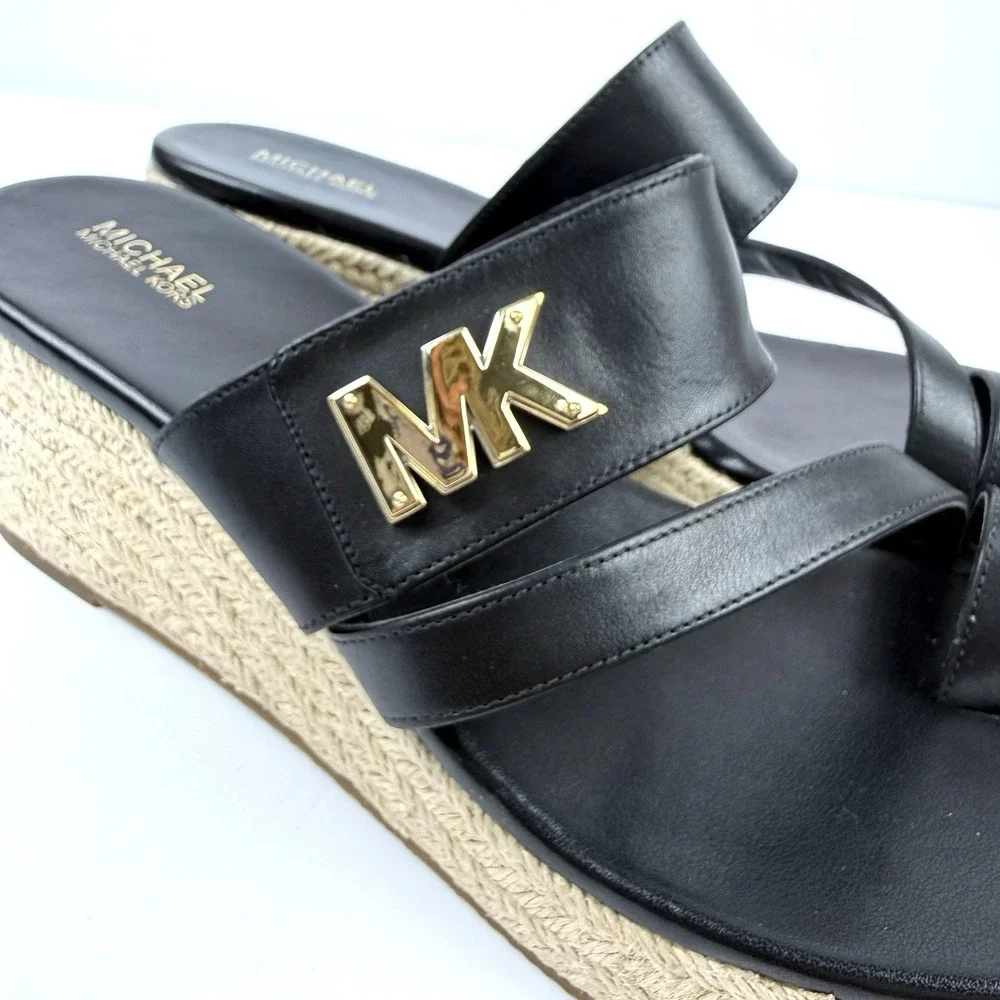 Michael Kors Jilly Espadrille Wedge 8.5 Black Leather Slip On Gold Logo Sandals